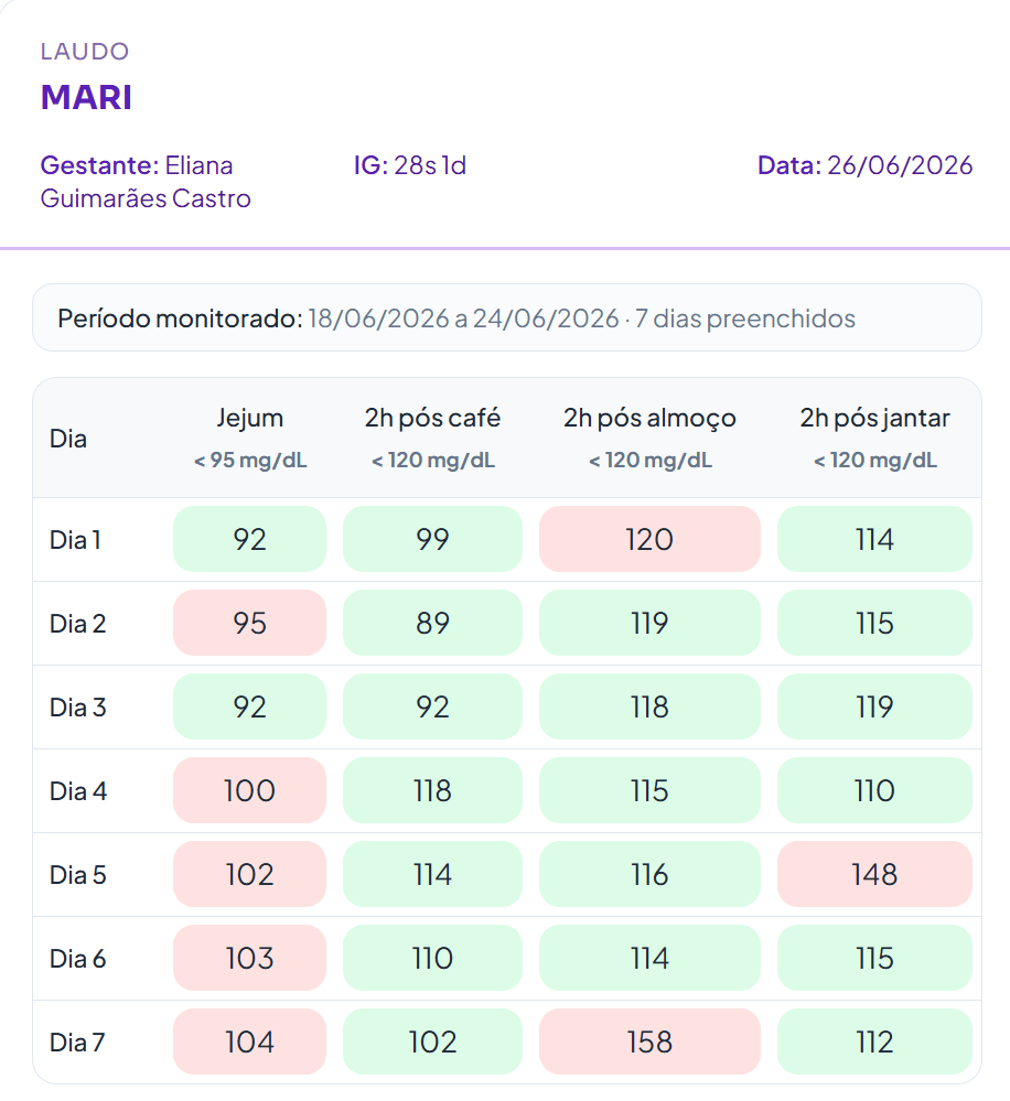 Laudo da MARI com o perfil glicêmico de uma gestante fictícia